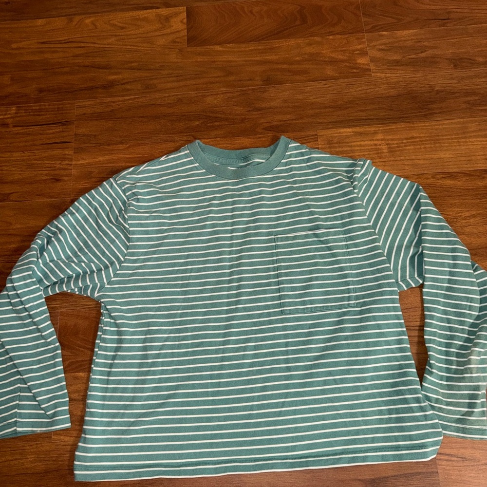Abercrombie & Fitch Green and White Striped Long Sleeve Tee